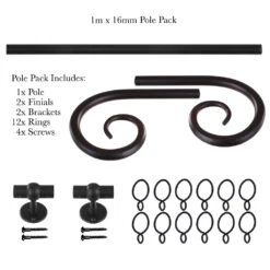 1m 16mm Crook Pole Pack In Matt Black -Curtain Hardware Shop 801mb 20